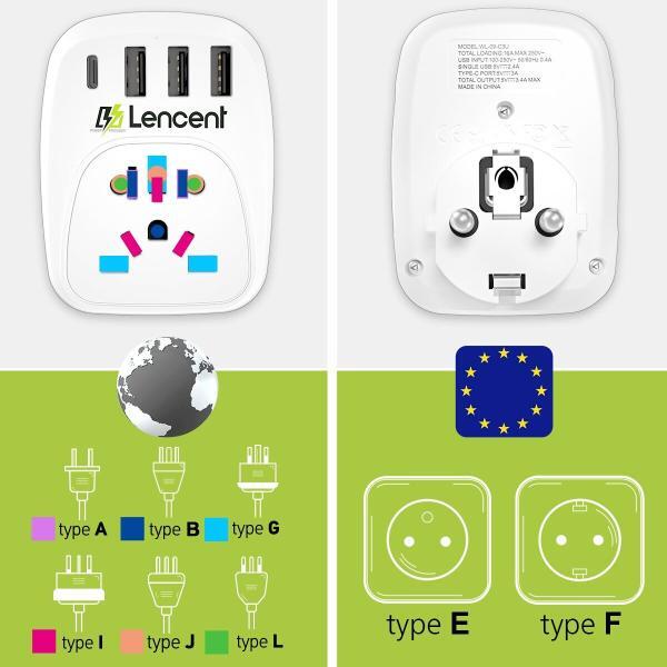 LENCENT World to EU Travel Adapter with 1 AC Outlet 3 USB 1 2