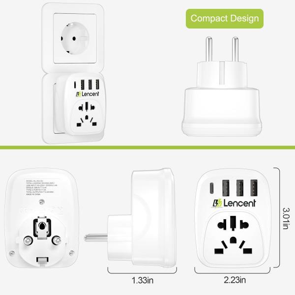 LENCENT World to EU Travel Adapter with 1 AC Outlet 3 USB 1 5