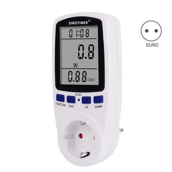 Endoll mesurador de consum 220V A, W, kWh, €, V, Hz, H:m