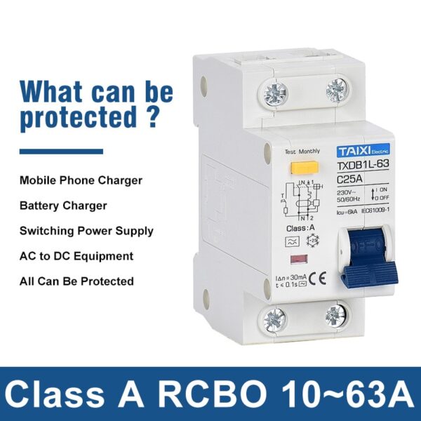 Disjuntor de corrente residual tipo A RCCB MCB RCBO 1P N 10A 16A 20A 32A 40A 1