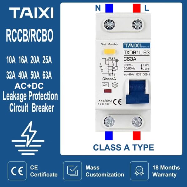 Residual current circuit breaker type A RCCB MCB RCBO 10A-63A leakage 30mA overload protection TAIXI