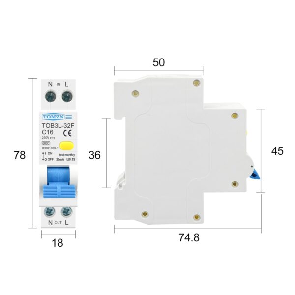 Residual current differential automatic switch 18MM RCBO 16A 1P N 6KA with protection 4