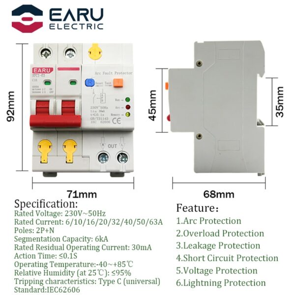 Arc Fault Protector AFCI 32A 2P AFDD Circuit Breaker Overload Switch Earth Leakage 1