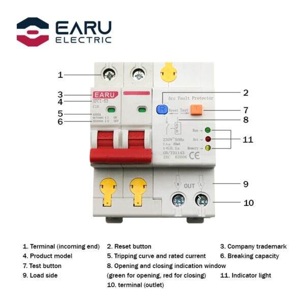 Arc Fault Protector AFCI 32A 2P AFDD Circuit Breaker Overload Switch Earth Leakage 2